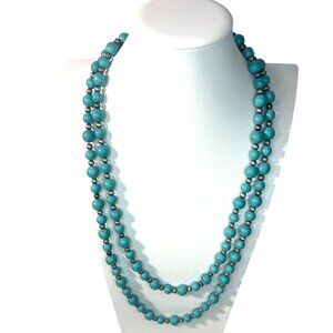 Beaded Statement‎ Necklace 48" Teal Blue & Silver Tone Flapper Southwestern Boho
